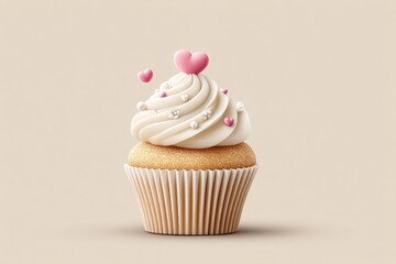 Flat vector of a single cupcake with swirl frosting and heart sprinkle in soft tones