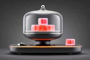 Obraz premium Futuristic sweets lab with glowing jelly cubes molecular desserts and hover plating technology