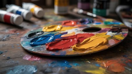 Vibrant artist palette with assorted paint colors lying on a wooden table in a creative workspace filled with art supplies