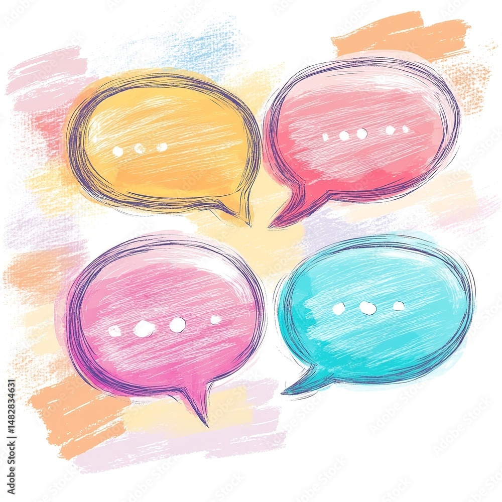 Poster Background filled with various pastel-toned speech bubbles, creating a soft and modern communication-themed visual, perfect for dialogue design.

