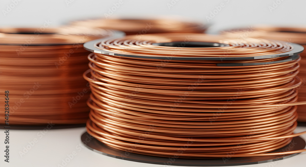 Poster close up of bright copper wiring spools on white surface in a spiral pattern showing metallic textur