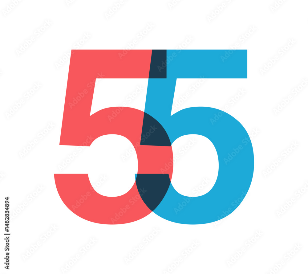 Poster overlapping red and blue 55 digits with transparent effect, evokes modernity, joy, energy. anniversa