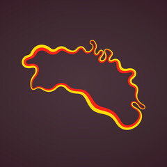 Outline map of Menorca marked with ribbon in colors from the flag.