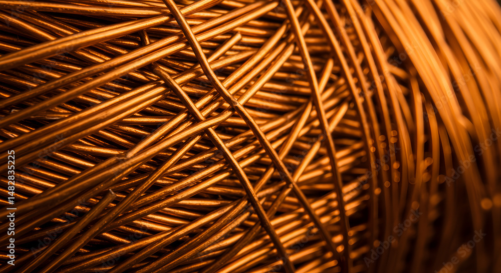 Poster close-up of coiled copper wire displaying intersecting patterns rich warm color and metal texture in