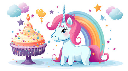 Obraz premium Whimsical Birthday Card Featuring Cute Unicorn Cartoon Illustration for Celebratory Events