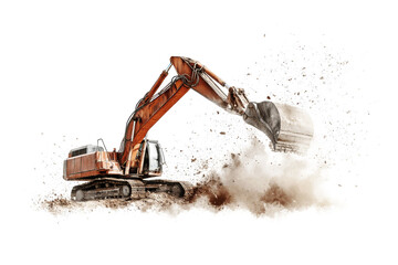 An excavator vigorously loosens the earth, raising dust and debris into the air on a completely isolated background. Element for advertising and design.