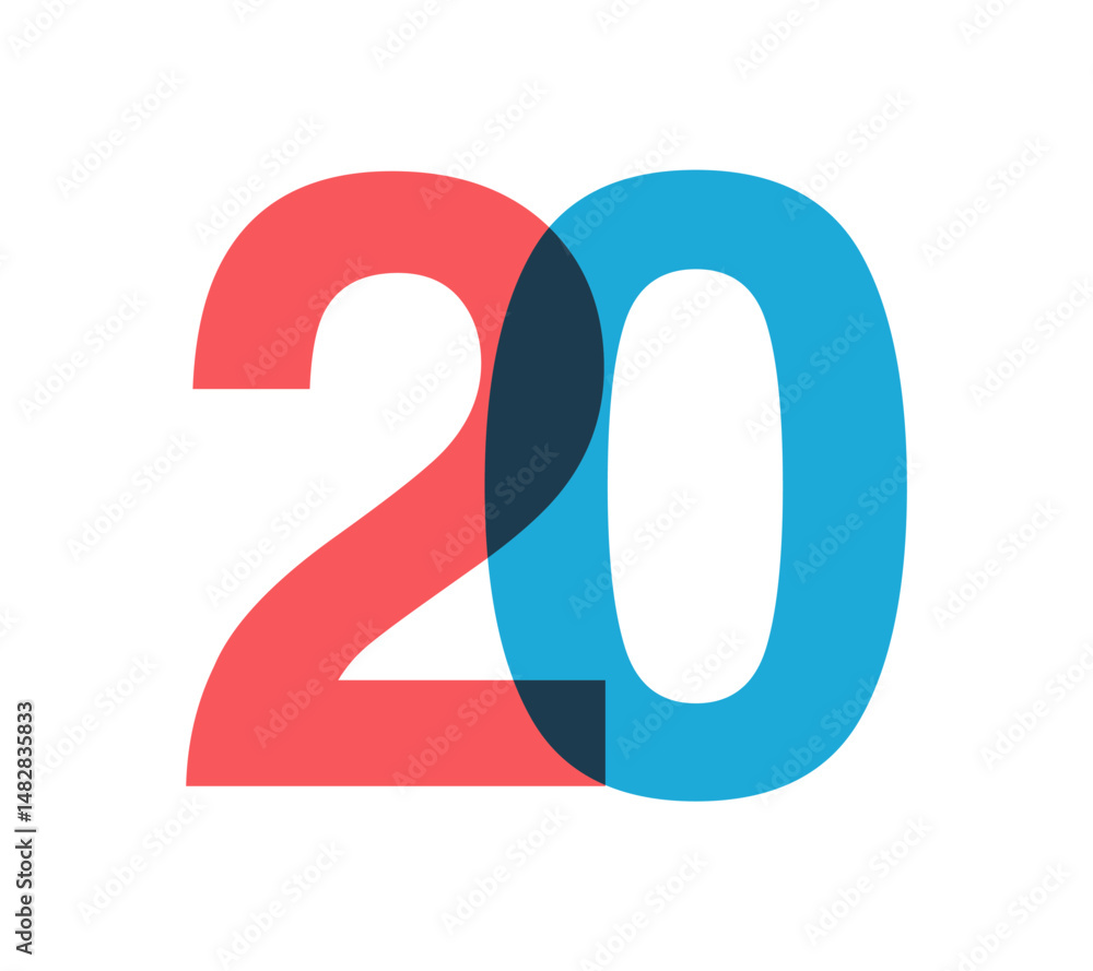 Poster overlapping red and blue 20 digits with transparent effect, evokes modernity, joy, energy. anniversa