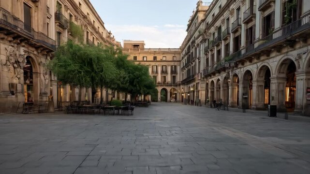 Architectural buildings frame quiet public square with arches and green trees in a European town with cobblestone paving
