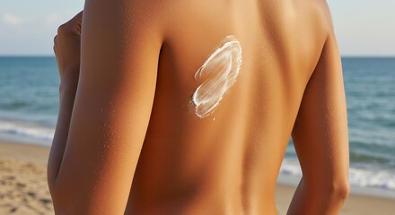 Sunscreen application on back near tranquil beach setting vacation