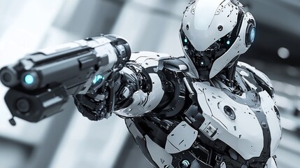 Fototapeta premium Cybernetic Warrior: A Sleek, White Robot Aims a Futuristic Weapon