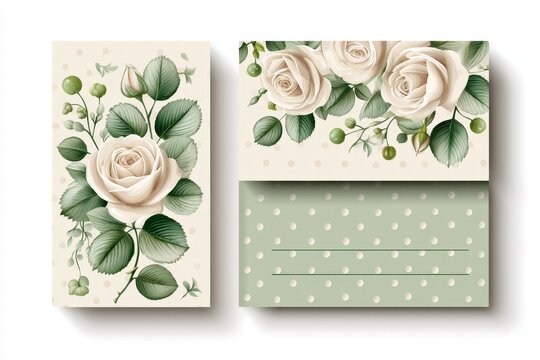 Vintage-style floral gift card pattern with faded roses and ivy in soft beige and sage green palette