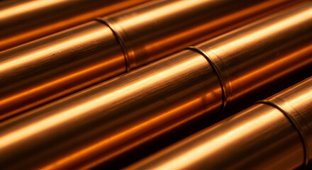 Close Up of New Copper Plumbing Pipes Metal Cylinders Smooth Soft Lighting
