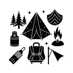 Camping elements set on white background