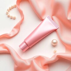 Pink cosmetic tube on silk. (1)