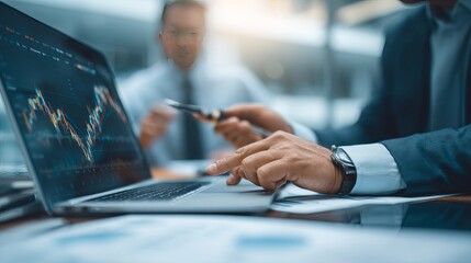 Financial advisor explaining invest stock market data consulting investor. Two busy business men analysts doing finance trading analysis pointing at exchange chart on laptop screen working in office. 