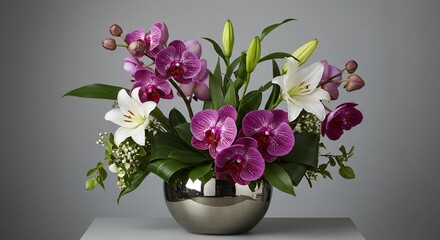 上品な光彩輝く蘭とユリの豪華な花束. AI Generated