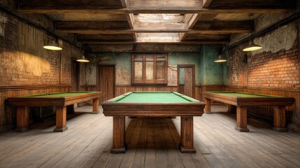 Old snooker room with rustic charm, dim lighting, worn-out tables