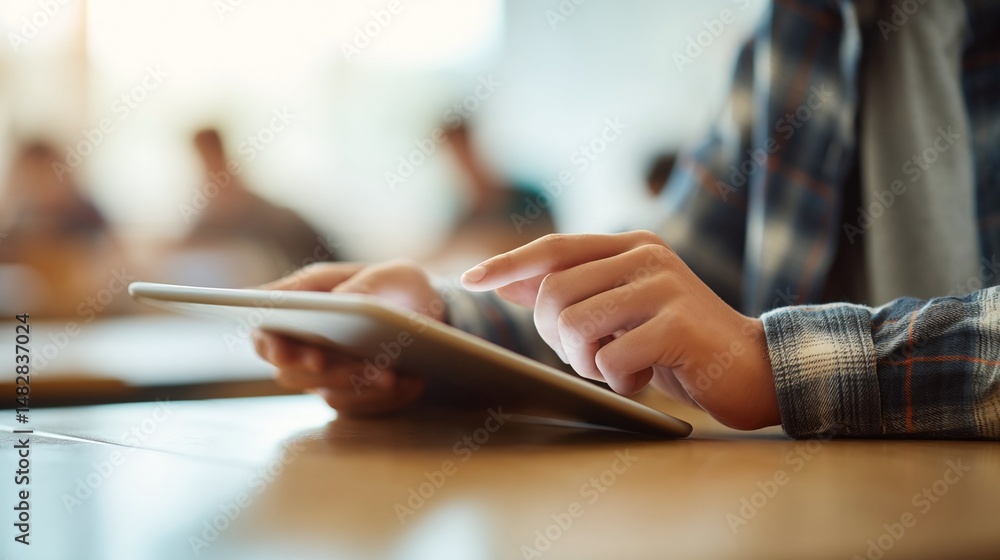Poster student engaged with a tablet in a classroom setting, focused on learning with peers in background