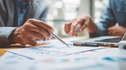 Financial advisor explaining invest stock market data consulting investor. Two busy business men analysts doing finance trading analysis pointing at exchange chart on laptop screen working in office. 
