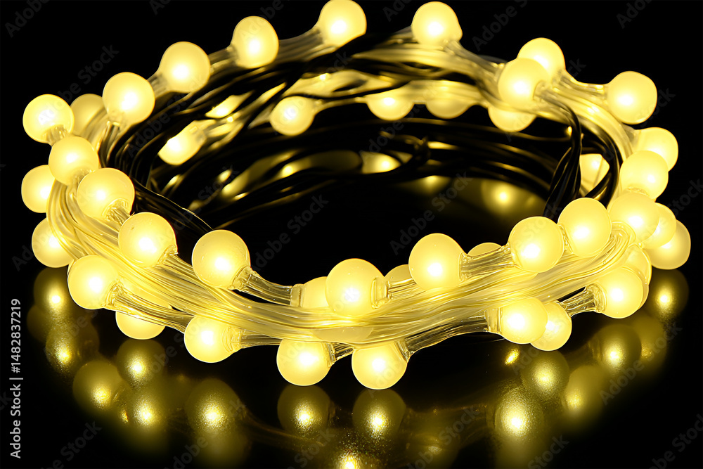 Poster close up view of a string of warm white led fairy lights with a reflective black surface
