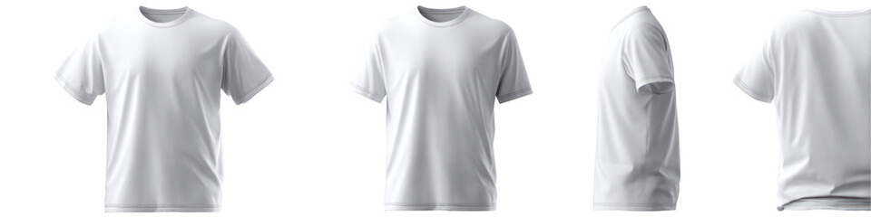 Set of White Round Neck T-Shirt Front Back and Side View on Transparent Background

