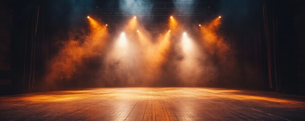 Obraz premium Dramatic Stage Lighting Hazy Orange and White Spotlights on Dark Textured Floor