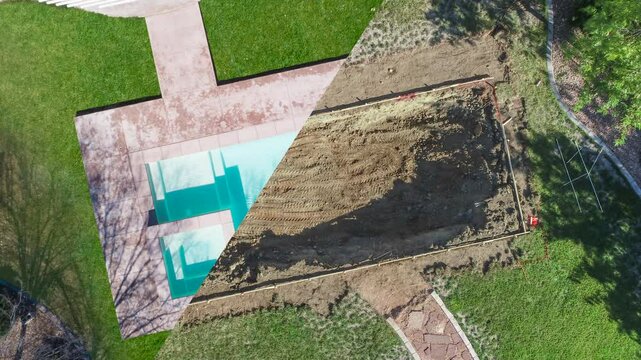 Aerial of The Before and After Building of A Back Yard Swimming Pool.