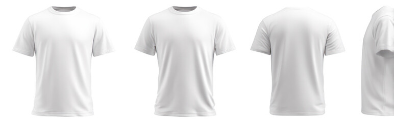 Set of White Round Neck T-Shirt Front Back and Side View on Transparent Background

