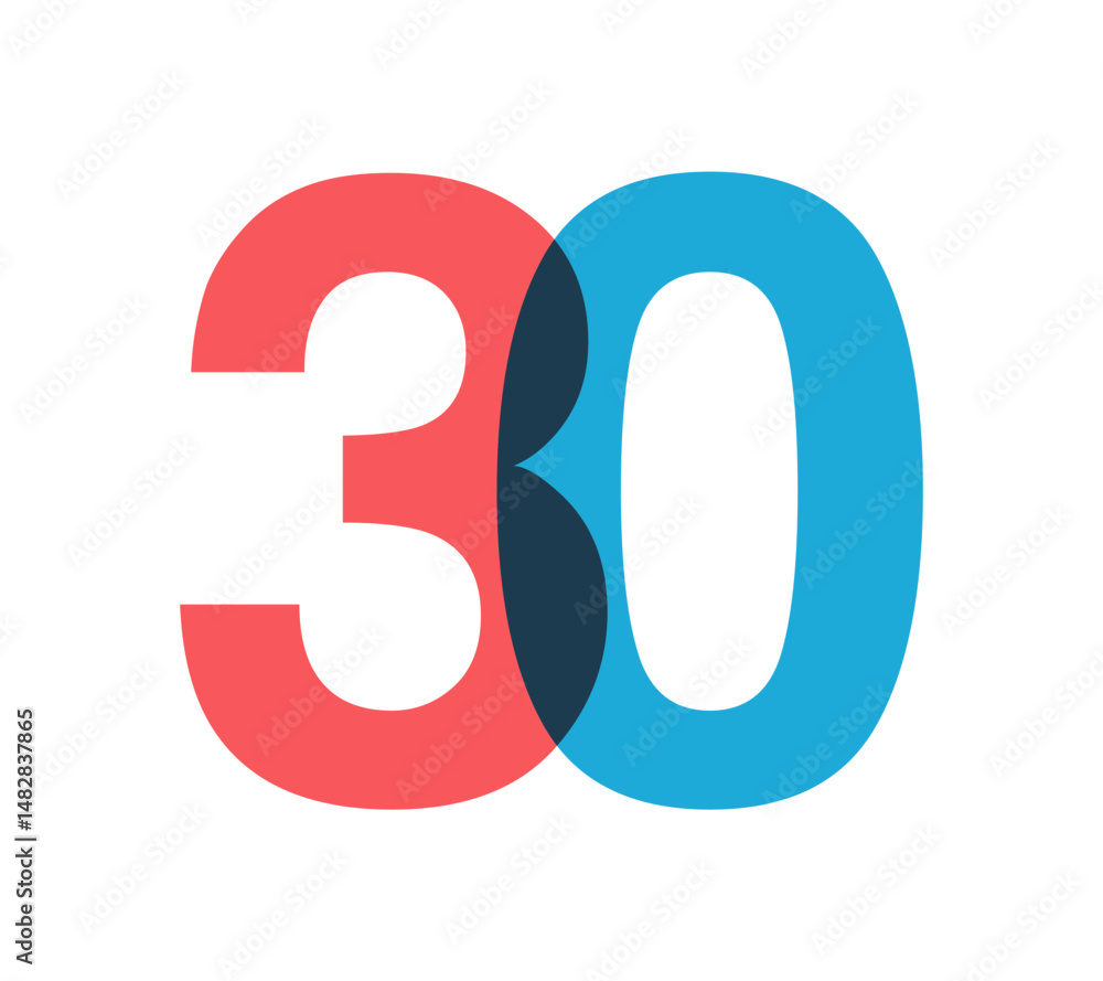 Poster overlapping red and blue 30 digits with transparent effect, evokes modernity, joy, energy. anniversa