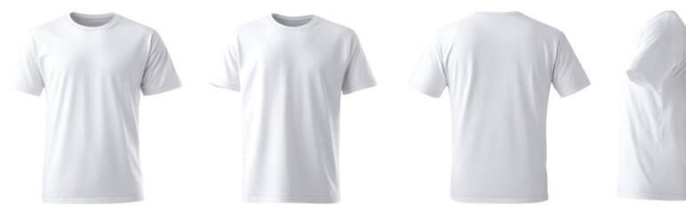 Set of White Round Neck T-Shirt Front Back and Side View on Transparent Background

