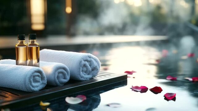 A Zen-inspired spa setting featuring eucalyptus-infused towels, a diffuser releasing gentle mist, and a tranquil pool with floating petals.