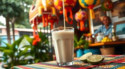 Mexican horchata poured into a clear cup at a street food stall