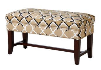 Stylish beige patterned storage ottoman with dark wooden legs, perfect for living room seating and decor