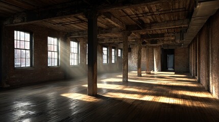 Sunlit Abandoned Warehouse Brick Walls, Wooden Beams, Industrial Interior