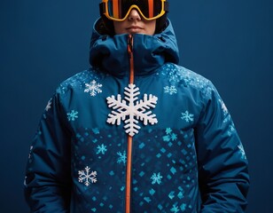 Young Asian male in a stylish blue snow jacket with snowflake patterns and ski goggles against a blue backdrop.