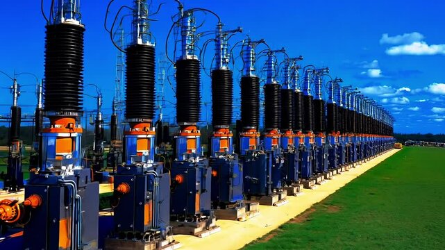 A row of high voltage transformers in a field of grass
