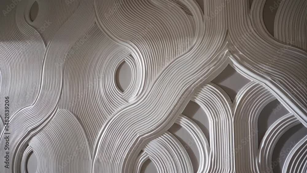 Aufkleber abstract white lines art installation in motion forming wave patterns, textured 3d art wall with cur