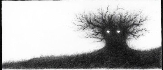 Obraz premium Dark tree with glowing eyes sits atop a small hill in a black and white sketch