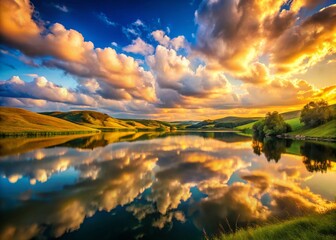 Golden Hour Landscape: Puffy Clouds Reflecting in Serene Lake, Sweet Dessert-like Ambiance