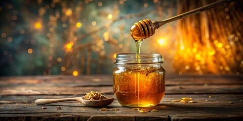 Golden Honey Dripping, Rustic Wooden Spoon & Jar, Sweet Food Photography