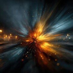 Abstract explosion of vibrant colors, radiating outward from a central point, amidst a dark, smoky background.  Streaks of light and particles suggest motion and energy