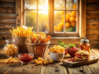 Golden French Fries & Snacks: Sunny Wooden Table Stock Photo