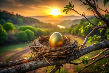Golden Egg in Rustic Nest, Sunset Landscape, Urban Exploration Photography