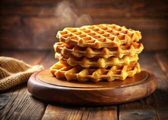 Golden Brown Waffles Stacked on Plate, Rustic Wooden Background