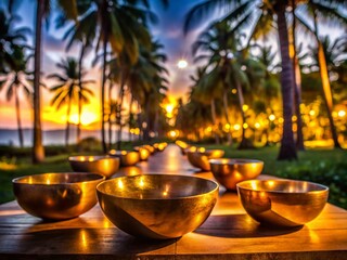Golden Bowls, Palm Trees, Dusk Light: Candid Stock Photo