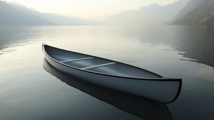 Serene waterscape featuring a lone canoe amidst majestic mountain silhouettes