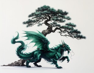 Naklejka premium Mystical Dragon under Bonsai Tree: An artistic depiction of a majestic dragon, with vibrant teal scales and wings, standing beneath a meticulously crafted bonsai tree.