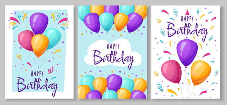 Bright birthday card set with colorful balloons, confetti, and Happy Birthday lettering. Vector template for greetings, invitations, celebration posters or printable designs