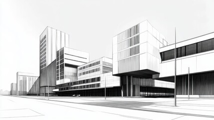 Fototapeta premium Brutalist line art architecture, strong blocky outlines, minimal detail, and monochrome style