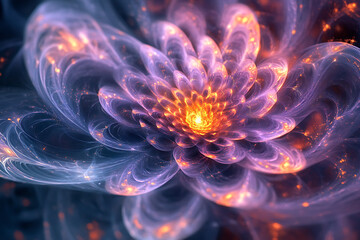 Obraz premium Abstract glowing flower with purple and blue petals and a bright yellow center in a dark setting